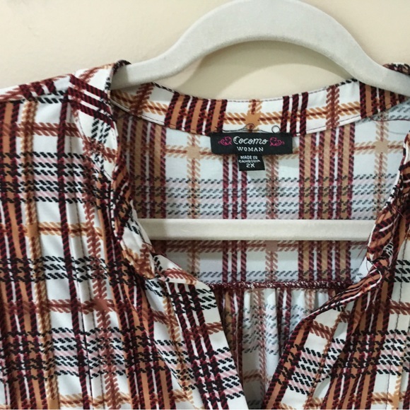 Cocomo Top Womens Plus 2X Jersey Top Brown Plaid Printed Stretch Popover - Picture 3 of 6